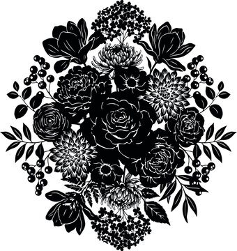 Vintage floral bouquet vector, black botanical silhouette, elegant rose and peony arrangement