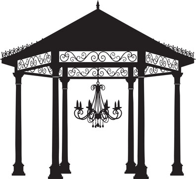 Ornate gazebo silhouette with an elegant hanging chandelier