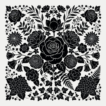 Vintage floral silhouette pattern, black botanical rose illustration, elegant garden vector art