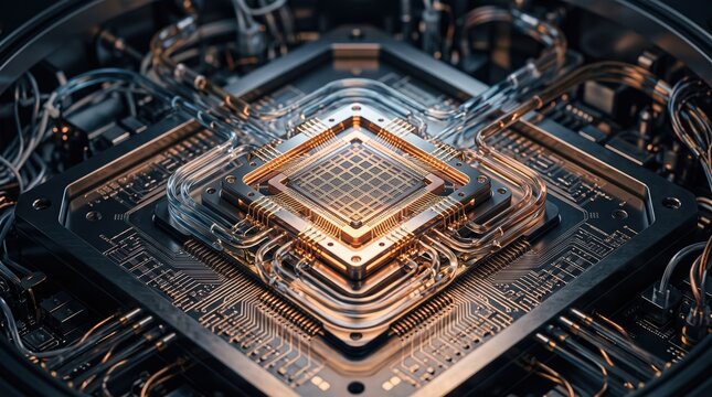 Futuristic microchip with liquid cooling and golden circuitry for advanced computing power