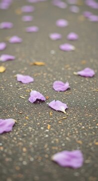 Close-up vertical shot of fallen purple jacaranda flower petals scattered across a dark textured asphalt pavement surface with shallow depth of field and soft natural daylight.