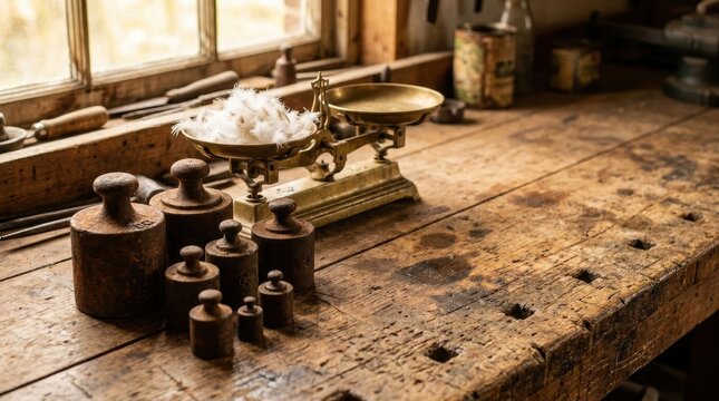 Antique brass balance scale filled with downy feathers rests on a wooden workbench with weights