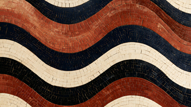 Interlocking pattern undulating wave-like geometric design composed of overlapping curved bands in tricolor palette featuring dark blue/black, reddish-brown/terracotta, and off-white/beige tiles
