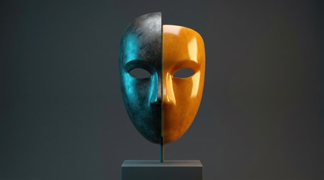 Half dark textured mask with teal light half glossy orange mask emotional health