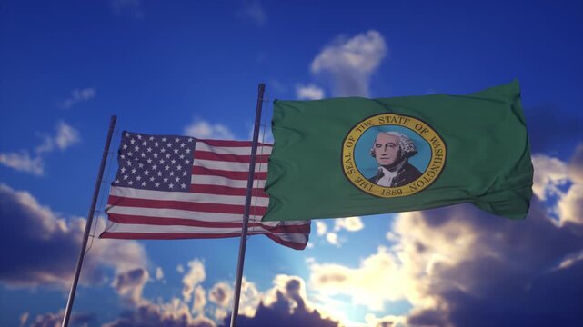 Washington State Flag And United States Flag Waving Against Dramatic Sky