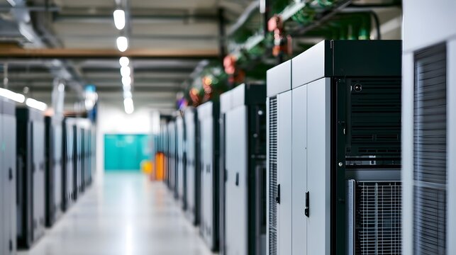 Rows of server racks in a modern data center with overhead cables and bright lighting along a long corridor