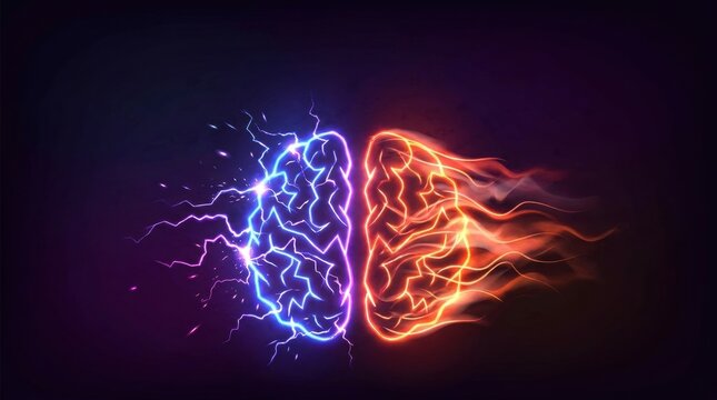 Two abstract brains depicted with opposing energy one of electric blue lightning and the other of fiery orange light