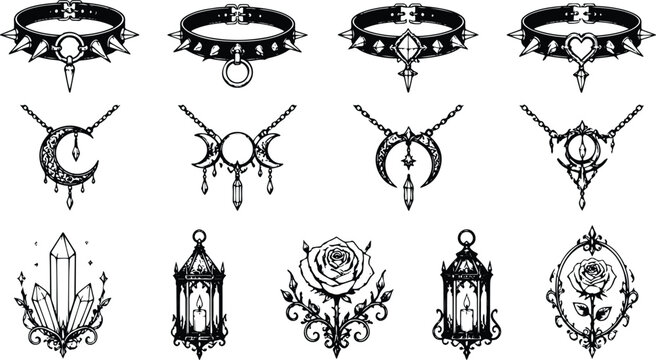 Gothic jewelry set with spiked chokers and occult moon pendants