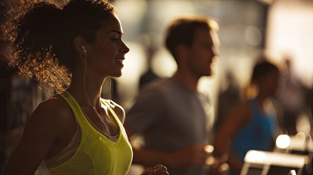 Fitness running scene features woman jogging with earphones. Bright background highlights athletic wear. Dynamic movement conveys energy and motivation