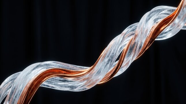 Twisted strands of translucent material interwoven with a shiny metallic copper wire