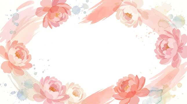 Heart shaped frame of pink and coral peonies with watercolor splashes