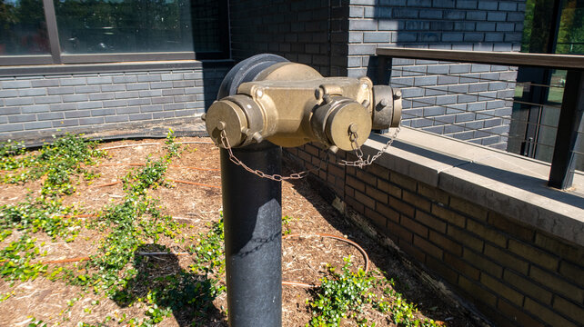 Freestanding Fire Department Connection FDC Assembly At Commercial Building