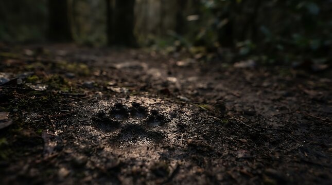 Wild animal paw print in muddy forest for wildlife conservation day