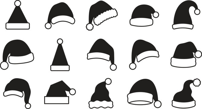 Collection of hand drawn santa claus hat icons isolated on white background for christmas holiday design projects