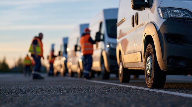 Delivery fleet drivers conducting vehicle walkarounds in staging area before departure