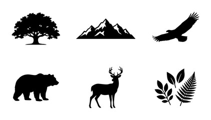 Fototapeta premium Nature Icons Set: Oak Tree, Mountains, Eagle, Bear, Deer, Leaves, Wildlife, Outdoors