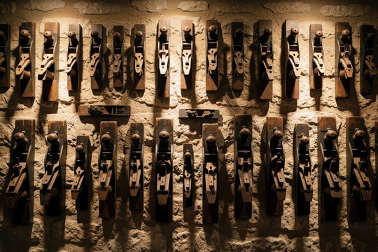 Collection of antique wooden hand planes displayed on rough stone wall. Vintage woodworking tools, history, craftsmanship, arranged in neat rows creating textured pattern of light, shadow.