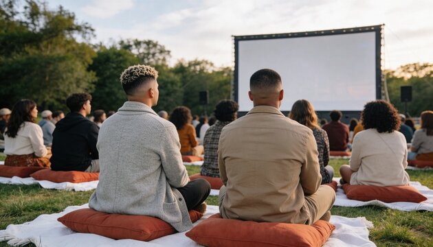 Diverse crowd of people sitting on grass watching an outdoor movie. Rear view of audience at a park cinema event. Blank white projection screen with copy space for text