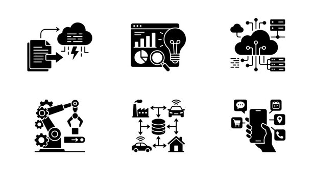 Technology Icons Set: Data Cloud, Analytics, AI Robot, Smart City, Mobile Apps
