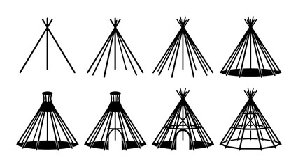 Tipi Construction Stages, Indigenous Dwelling Evolution, Native American Shelter Building Process, Vector Set © Mitu