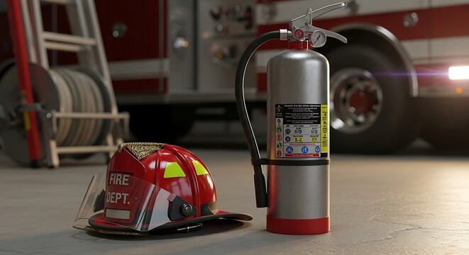 Firefighters Helmet and Extinguisher with Fire Truck in Background.