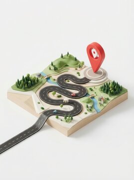 Isometric map pin on winding mountain road