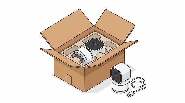 Isometric illustration of an open cardboard box with a smart home security camera