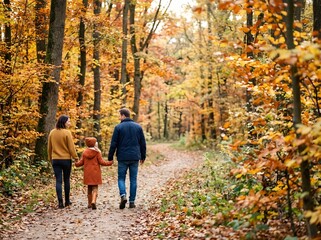 Fototapeta premium Rear view of a young family with a small child walking hand in hand down a leaf-covered path in a vibrant autumn forest with golden foliage and tall trees during the daytime.