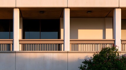 Obraz premium Modern building balcony with concrete columns and horizontal railings bathed in warm late afternoon sunlight