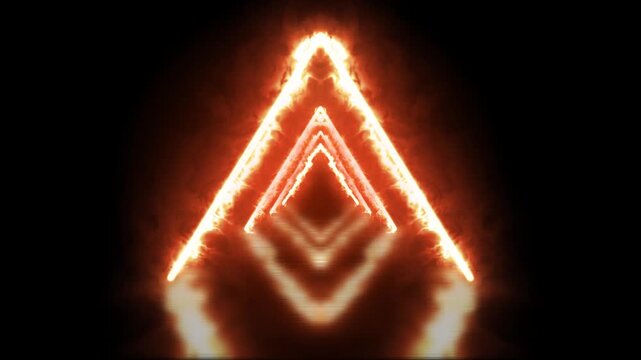 Glowing fiery triangle neon portal background. Abstract fiery orange triangular glowing light tunnel. Futuristic fiery glowing triangle line frame loop.