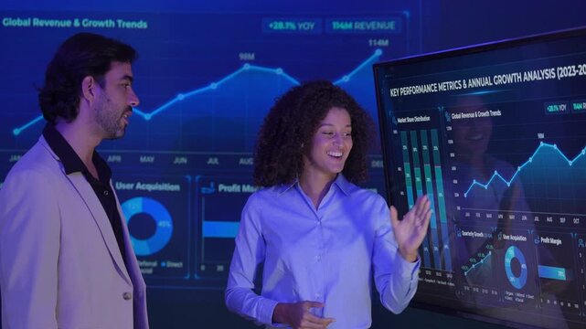 Businesswomen analyzing global market trends and revenue data during a corporate presentation, teamwork, data analytics, financial strategy, and technology-driven decision making in a modern office.