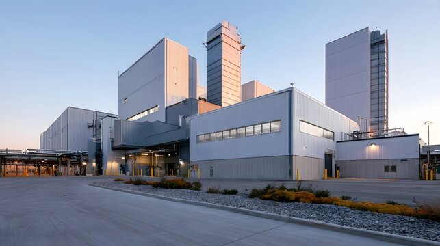 Modern industrial facility with tall towers and corrugated metal buildings under clear sky at dawn or dusk