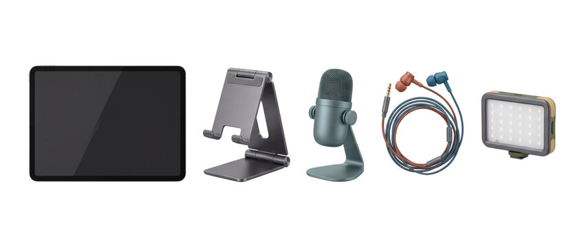 Portable recording equipment, a tablet sits beside a folding stand, microphone, earphones and light panel. Dark screens, coiled cables and housings form devices on a transparent background.