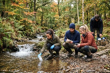 Fototapeta premium Students are collecting water samples from a stream in a forest. They are taking notes while observing their surroundings. It is autumn and trees have colorful leaves