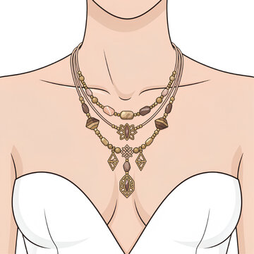 Woman Neck Close Up Wearing Handmade Necklace Flat Vector Jewelry Fashion Illustration