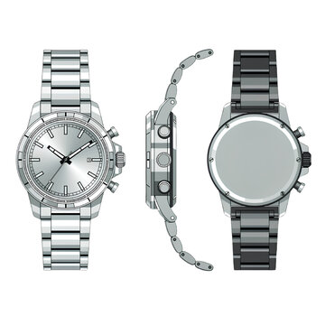 Luxury Modern Wristwatch Front Side and Top View Flat Vector Product Design Illustration