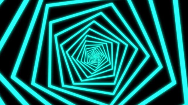 Glowing cyan spiral pentagon tunnel background. Abstract rotating cyan neon pentagonal portal loop. Futuristic cyan geometric pentagon line corridor.