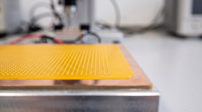 High power COB LED chip module on a copper cooling plate in laboratory for lighting and electronics projects