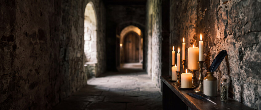 Candlelit medieval stone corridor with quill and candles on wooden shelf in cloister
