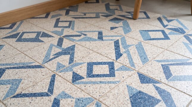 Fine-grained terrazzo tile, resembling the Granito Classic collection with retro geometric pattern in blue and off-white/beige tones 