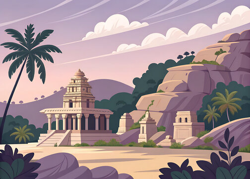Hampi stone temple ruins ancient temple complex among dramatic boulders and tropical vegetation, modern premium vector style