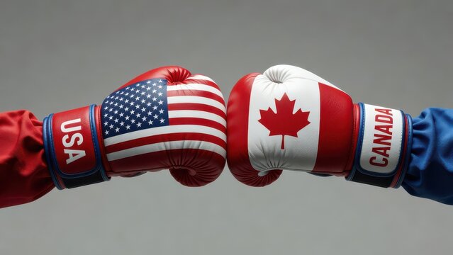 Boxing gloves printed with USA and Canada flags bumping together, concept of trade competition and international relations 3D render
