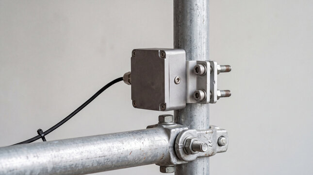 Industrial metal junction box mounted on galvanized pipe clamp with cable and bolted bracket