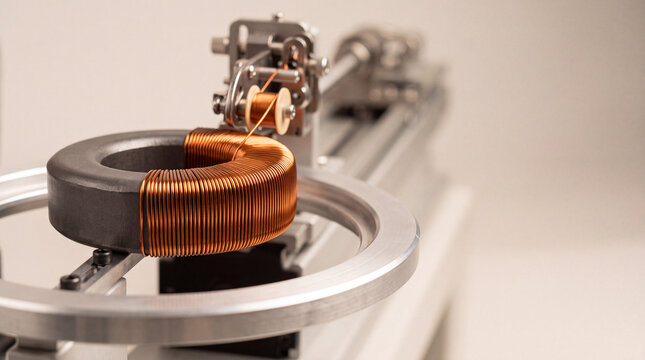 Copper coil winding on toroidal core in precision inductor manufacturing machine for electronics
