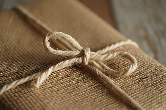 Close-up of a handmade gift wrapped in burlap paper with tied twine string bow