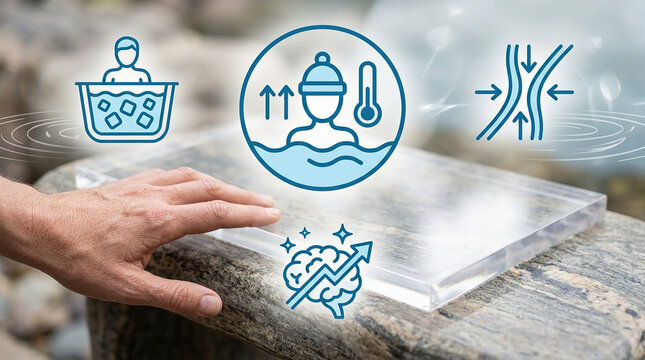 Concept of Cold Water Immersion and Ice Bath Therapy Infographic Showing Physiological Benefits Recovery Health and Mental Focus Enhancement in Detail