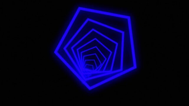 Glowing blue spiral pentagon tunnel background. Abstract rotating blue neon pentagonal portal loop. Futuristic geometric blue line frame corridor.