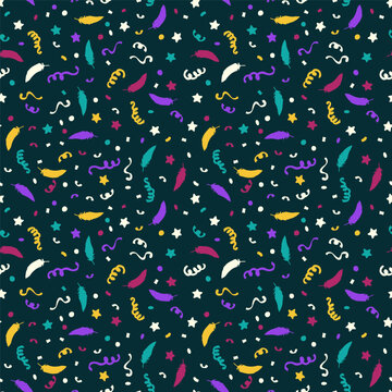 Seamless festive confetti pattern with colorful ribbons, feathers, and stars scattered on dark background. Vibrant celebratory background vector illustration