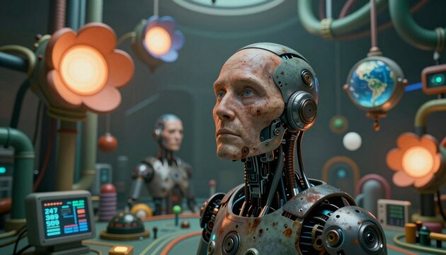 Humanoid Robot in Retro-Futuristic Workshop Setting