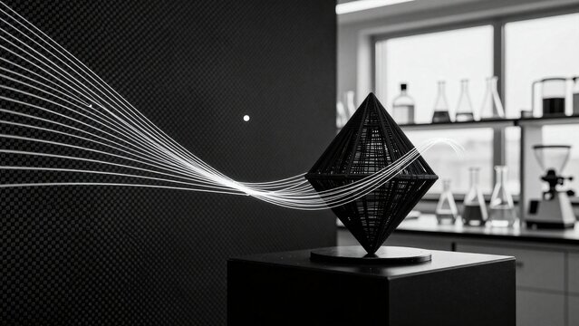 Geometric Diamond Sculpture with Motion Light Trails in Laboratory